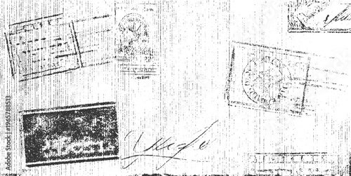 Collection of vintage postage stamps and handwritten signatures on textured paper background