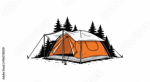 A hand-drawn illustration of an orange camping tent set up amidst pine trees