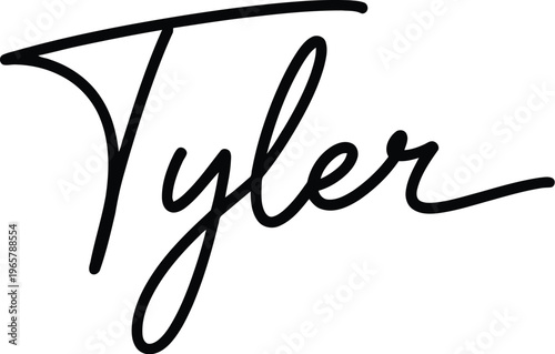 A stylized black signature of the name Tyler on a white background