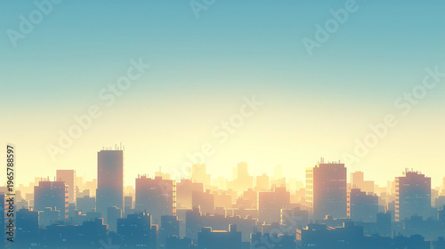 朝日に輝く都会のスカイラインのミニマルなイラスト