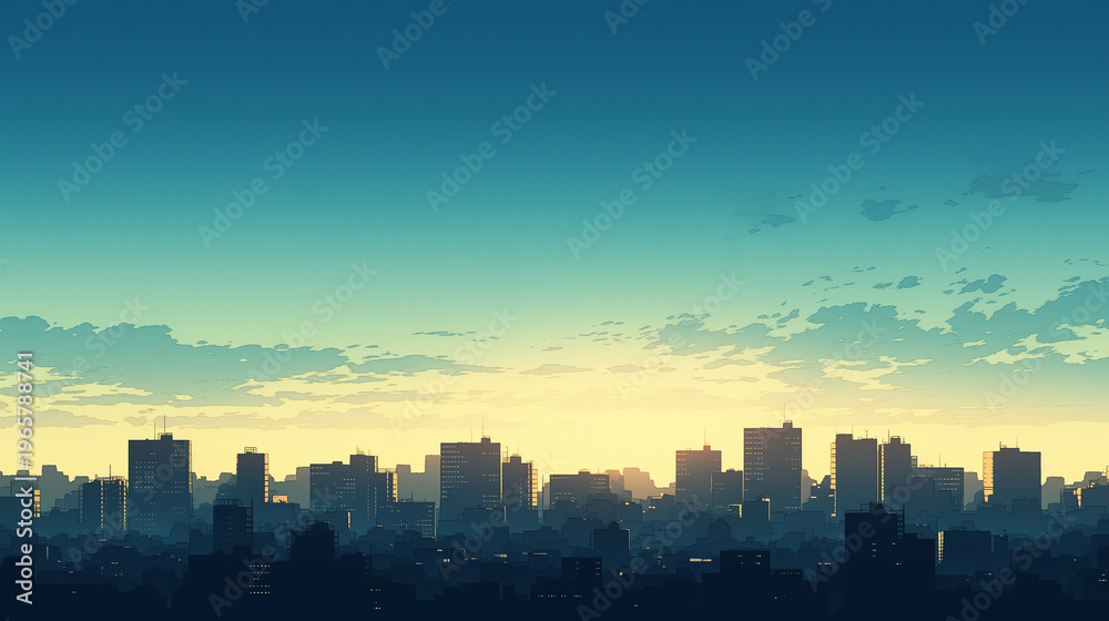 Fototapeta premium 夜明けや夕暮れ時のアニメスタイルの街並みのイラスト