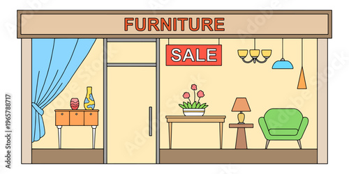 Furniture store building shop exterior graphic color sketch illustration vector