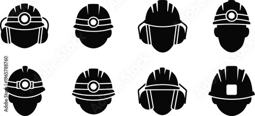 Editable icon set black and white mining helmet illustrations safety gear vector graphics for industrial designs