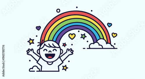 Joyful child celebrates with a colorful rainbow, hearts, and stars