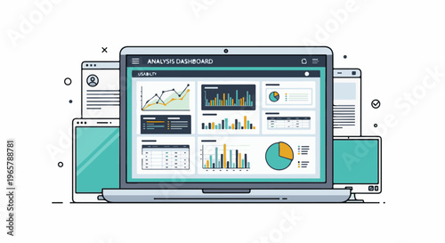 A laptop displays a usability analysis dashboard with various charts and data visualizations