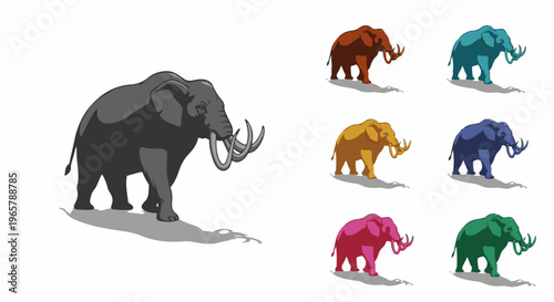 A large grey mammoth stands left, with smaller mammoths in various colors to the right