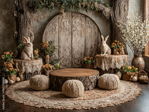 A rustic Easter-themed stage features plush bunnies, wicker baskets of eggs, hay bales, and blooming white blossom trees, framed by a wooden arch draped in greenery and white fabric, creating a cozy, 