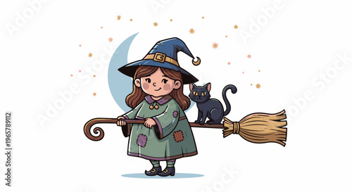 Cute cartoon witch with black cat flying on broomstick at night