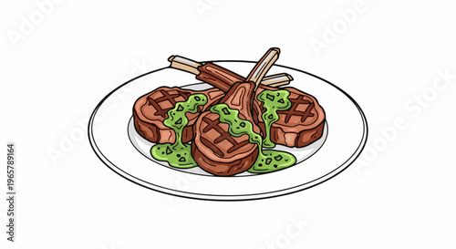 Delicious lamb chops served with vibrant green sauce on a white plate