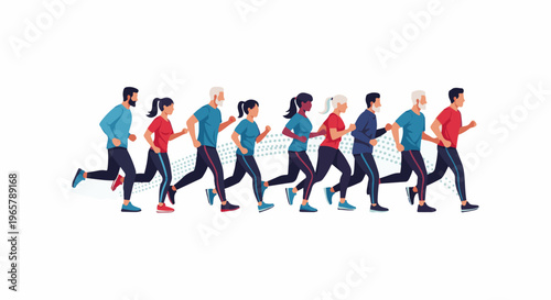 Diverse group of people of various ages and genders running together