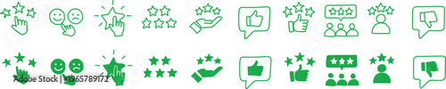 A collection of green icons representing social media ratings and feedback on a white background