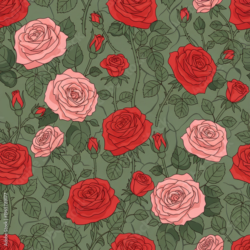 Beautiful floral pattern featuring red and pink roses on a green background.