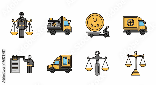 Flat vector icons related to law, justice, and transportation