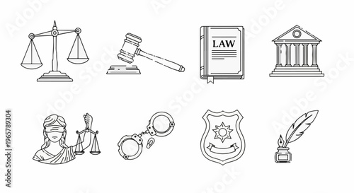 Line art icons of legal and justice symbols scales, gavel, law book, courthouse, statue, handcuffs, badge, quill