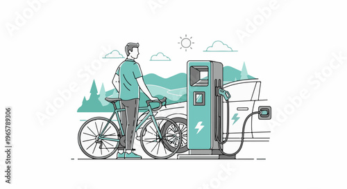 Man with bicycle near electric car charging station in a scenic outdoor environment