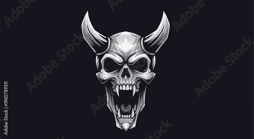 Monochromatic demonic skull with horns and bared fangs opens its jaw wide