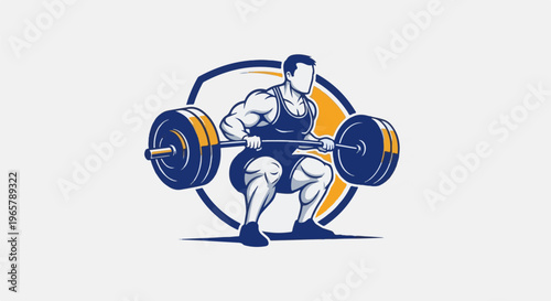 Muscular person in a squatting position lifting a barbell within a circular frame