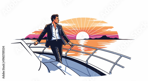 Man in suit stands on a yacht railing, looking out at a sunset