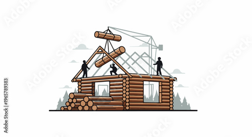 Pixel art construction of a log cabin with workers and crane