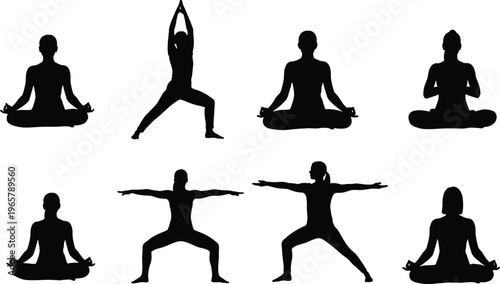 Set of black silhouettes of women practicing yoga, meditation poses, zen exercises, stretching, warrior pose, and lotus position, isolated vector illustrations for wellness.