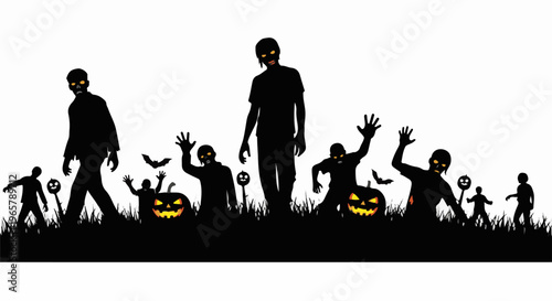 Silhouette of zombies and jack-o-lanterns against a white background