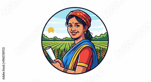 Smiling woman in traditional attire in a wheat field under a sunny sky