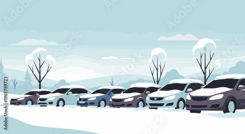 Snow-covered cars parked in a serene, wintry landscape