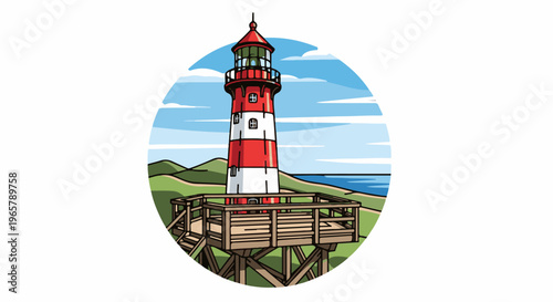 Striking red and white lighthouse on a scenic coastal overlook