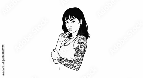 Stylized black and white illustration of a woman with short bangs and floral tattoos