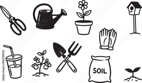 Gardening tools and plants for yard work and cultivation