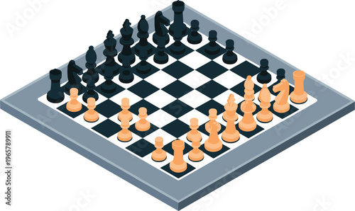 Isometric chess board with arranged pieces ready for strategic gameplay, competition concept, intellectual thinking, planning moves and decision making