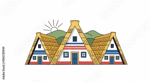 Stylized triangular homes with thatched roofs under a rising sun and green hills