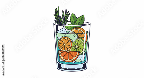 Tall glass filled with ice, fruit slices, and herbs