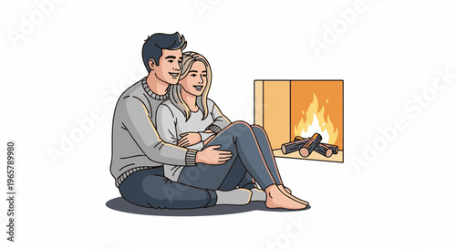 Couple cuddling by a warm, crackling fireplace