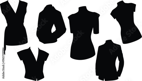 Commercial airplane and passenger jet silhouette set, black vector outlines of aircraft flying in different directions isolated on white background.