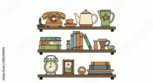 Three shelves of vintage household items, including books, cups, a telephone, and an alarm clock