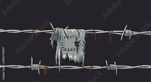 Tattered fabric snagged on barbed wire, suggestive of hardship and confinement
