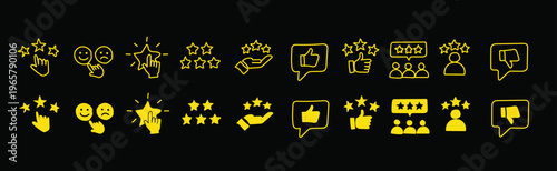 A collection of yellow rating and feedback icons on a black background