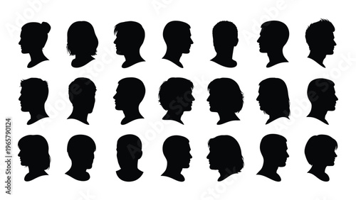 A collection of diverse human head profiles presented in stark black against a white background a striking silhouette