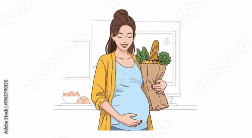 Pregnant woman happily holding a paper grocery bag with food and produce