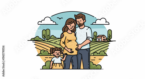 Pregnant mother, father, and daughter in a rural landscape