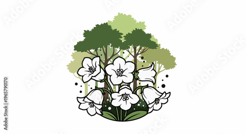 Delicate white bell flowers bloom in a serene forest setting, detailed with black accents