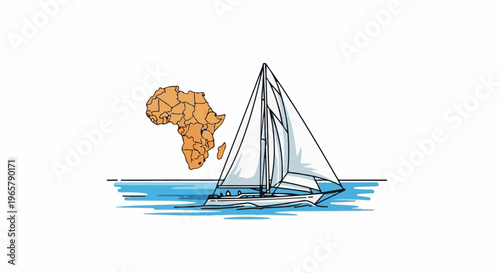 Outline map of Africa over a sailing boat on blue water