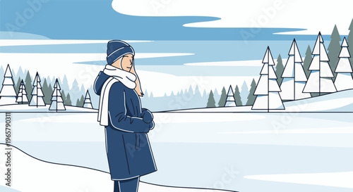 Person enjoying a serene winter landscape with snow-covered trees