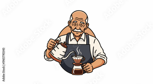 Elderly gentleman carefully brews hot coffee in a pour-over apparatus