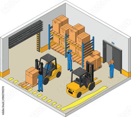 Isometric warehouse interior with forklifts, workers managing boxes, storage racks and shipping operations, logistics distribution center and inventory handling system