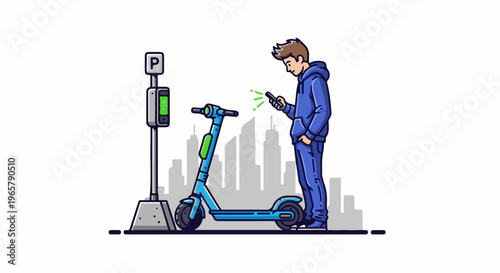 Person using phone to interact with scooter and parking meter
