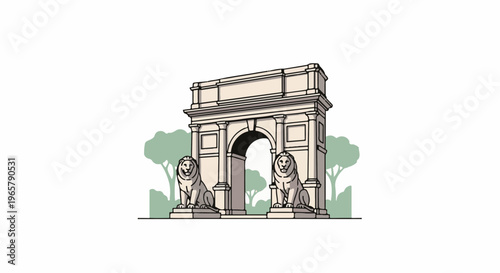 Majestic stone archway flanked by lion sculptures, set against trees