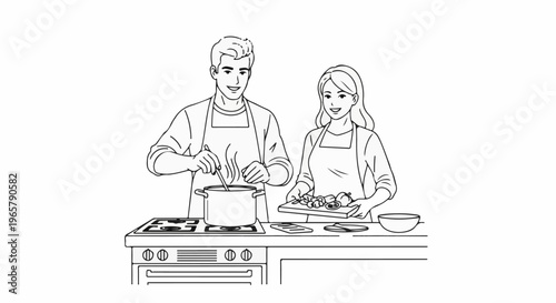 Happy couple cooking together in a kitchen, man stirs pot, woman chops food