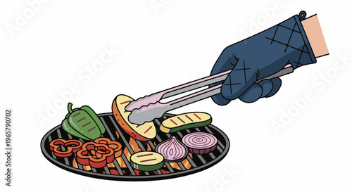 Hand wearing oven mitt grills vegetables and potato slices on a hot barbecue